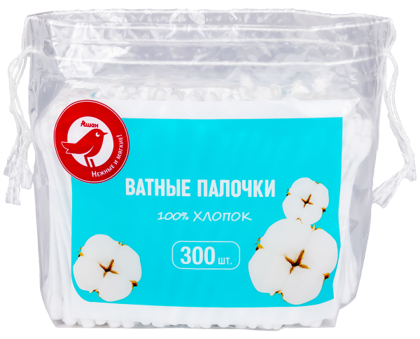 Ватные палочки АШАН Красная птица в пакете, 300 шт