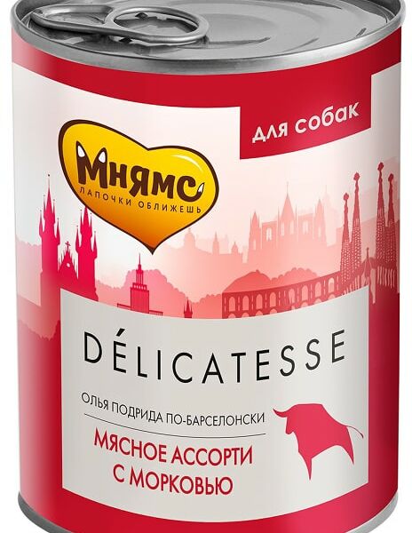 Влажный корм для собак Мнямс Delicatesse Олья Подрида по-барселонски Мясное ассорти с морковью 400г