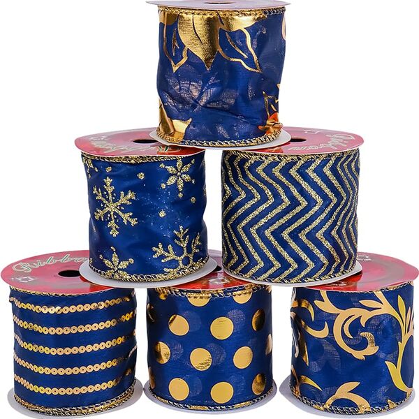 Набор новогодних лент Miland Роскошный синий с золотым принтом 6.3см*2.7м 24шт
