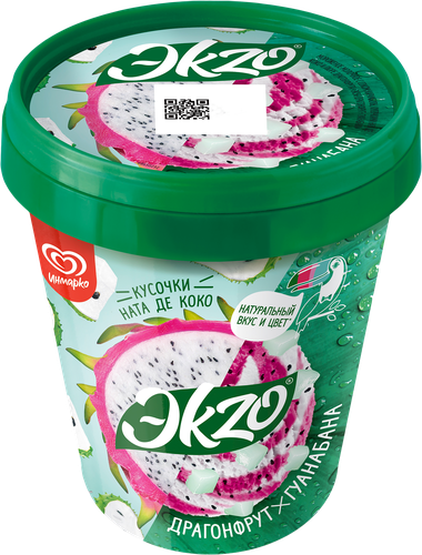 

Мороженое Эkzo Драгонфрут-гуанабана с кусочками ната де коко 2% ведро 520 г