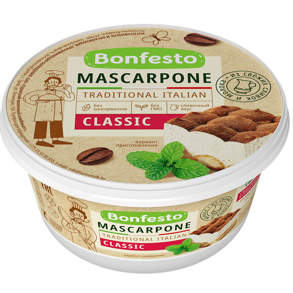 Сыр мягкий сливочный МАСКАРПОНЕ жир. 78% в сух в-ве вес 250г Bonfesto