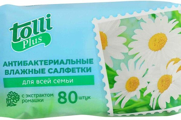 Салфетки влажные Tolli Plus антибактериальные с экстрактом ромашки, 80шт