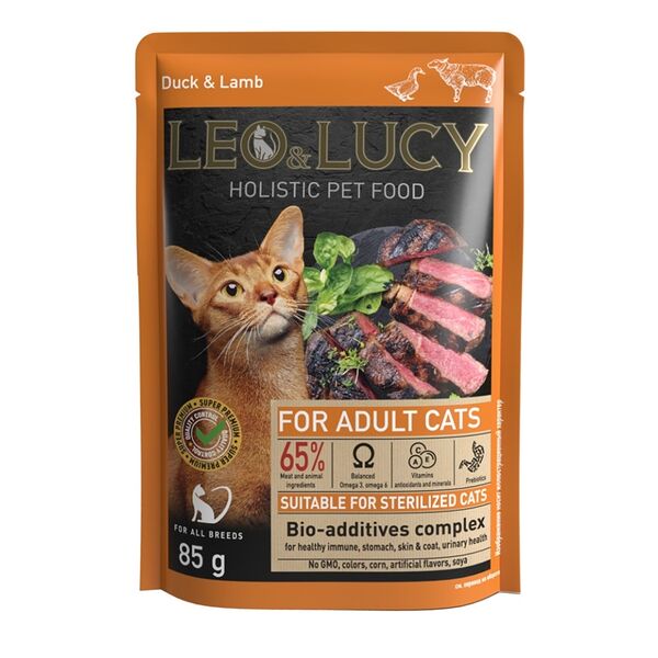 Влажный корм для кошек Leo&Lucy с уткой ягненком и биодобавками подходит для стерилизованных 85г