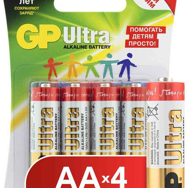 Батарейки алкалиновые GP Ultra Подари жизнь! AA/R6/LR6, 4 шт.