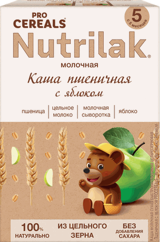 

Каша пшеничная NUTRILAK Premium Procereals, молочная цельнозерновая с яблоком, с 5 месяцев, 200г