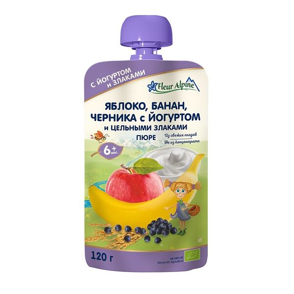 Пюре Fleur Alpine Яблоко Банан Черника Йогурт Злаки с 6 месяцев 120 г