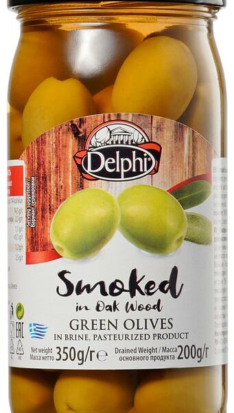 Оливки Delphi с косточкой копченые на дубовых опилках в рассоле 350г