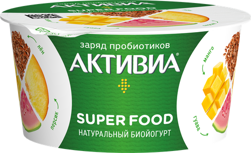 

Биойогурт АКТИВИА Super food с персиком, манго, гуавой, семенами чиа, амарантом и семенами льна 2,2%, без змж, 140г