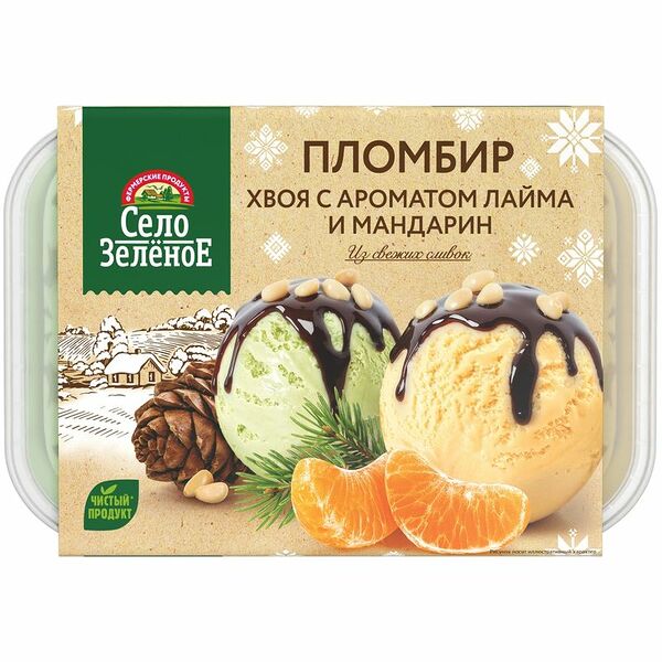 Мороженое Село Зелёное пломбир с ароматом хвои, лайма и пломбир с ароматом мандарина с шоколадным топпингом 15%, 450г