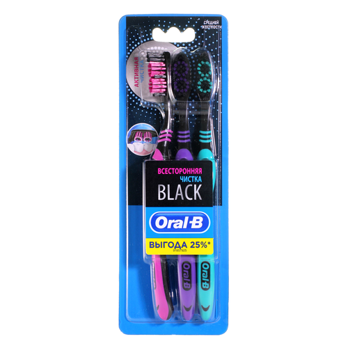

Oral-B Black Neon Fresh Зубная щетка, средней жесткости, чёрная, 3 шт.