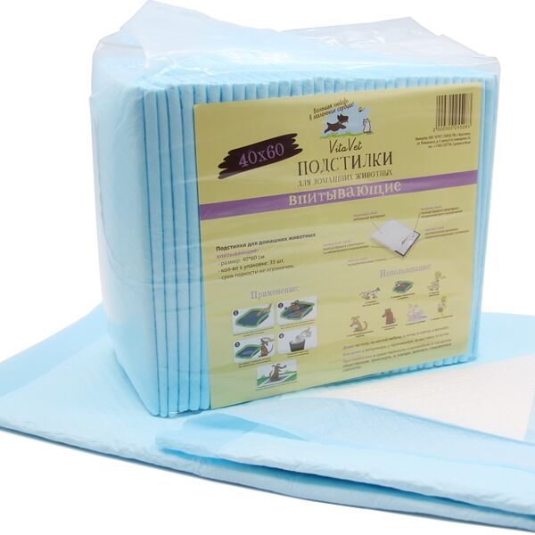 VitaVet Подстилки впитывающие с фиксирующими полосками 60 х 40 см., 35 шт.
