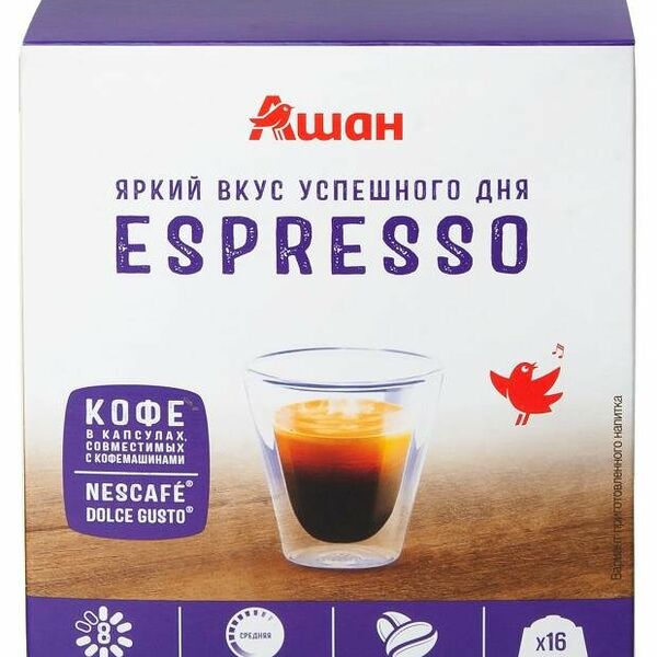Кофе в капсулах АШАН Красная птица ESPRESSO, 16 шт
