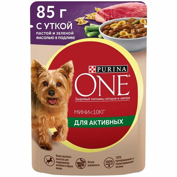 Корм Purina One Мини Активная для собак мелких пород утка-паста-зелёная фасоль в подливе, 85г
