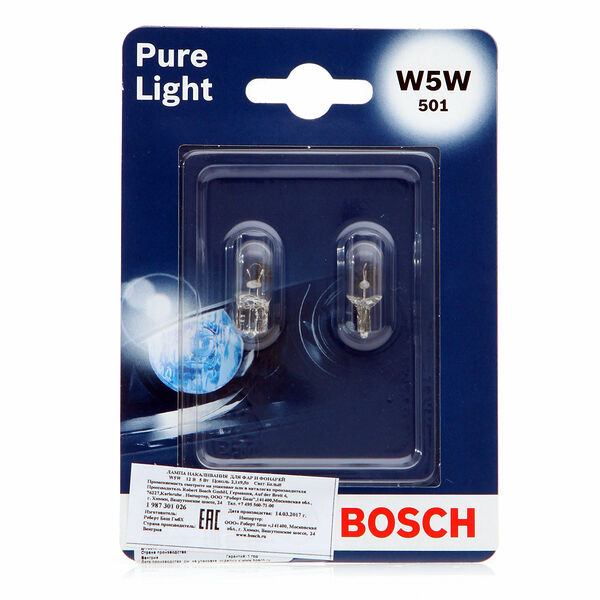 Лампа накаливания для фар и фонарей Pure Light W5W TM Bosch (Бош), 2 шт
