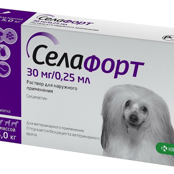 Капли для собак KRKA Селафорт защита от внешних и внутренних паразитов для собак 2,6-5 кг. 0,25 мл. 30мг