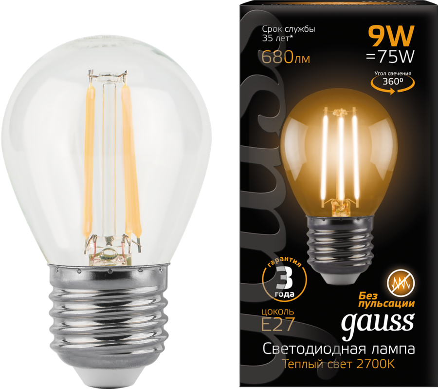 

Лампа светодиодная Gauss Filam E27 9Вт теплый, шар
