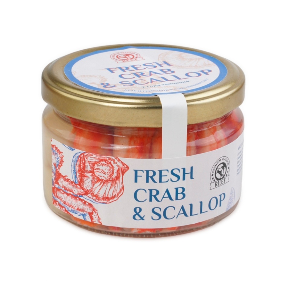 

Морское ассорти РИФ мясо краба + гребешок в собственном соку 250г, Россия