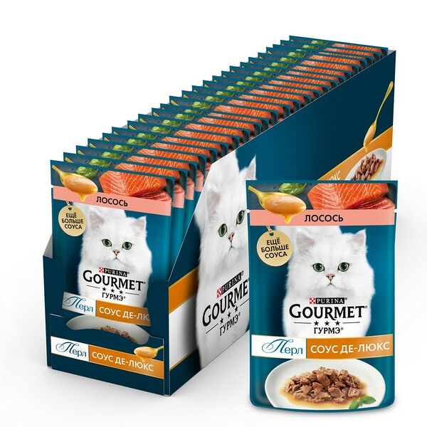 Корм для кошек GOURMET Perle Соус Де-люкс с лососем в роскошном соусе пауч 75г (упаковка - 26 шт)