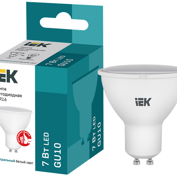 Лампа IEK LED PAR16, 7Вт, 230В, 4000К, GU10, софит