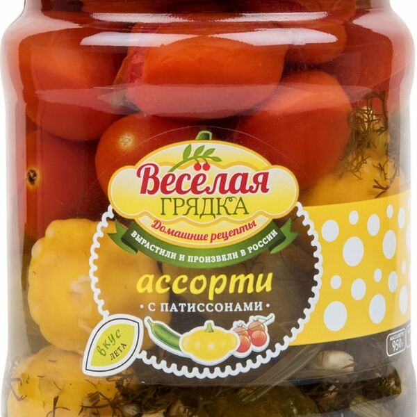 Ассорти овощное Веселая грядка маринованные томаты и огурцы с патиссонами 950 г