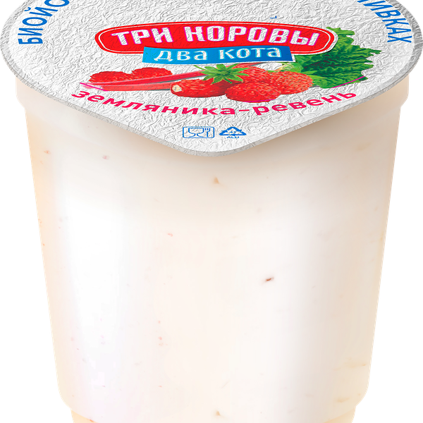 Биойогурт ТРИ КОРОВЫ ДВА КОТА с земляникой и ревнем 6%, без змж, 125г