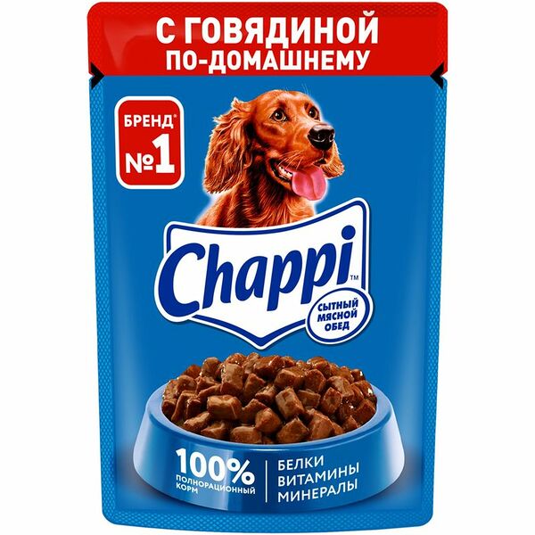 Корм Chappi Сытный мясной обед с говядиной по-домашнему для собак, 85г