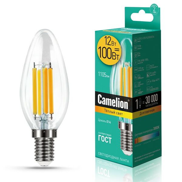 Лампочка светодиодная Camelion LED12C35FL/830/E14