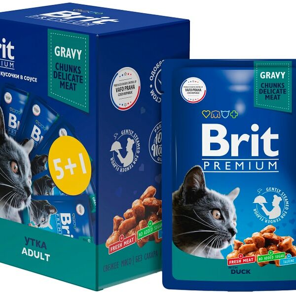 Набор влажного корма для кошек Brit Premium Утка в соусе 85г*5+1шт