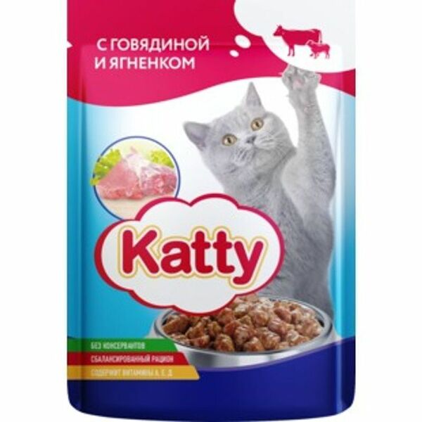Корм влажный Katty с говядиной и ягненком в соусе для кошек 85г
