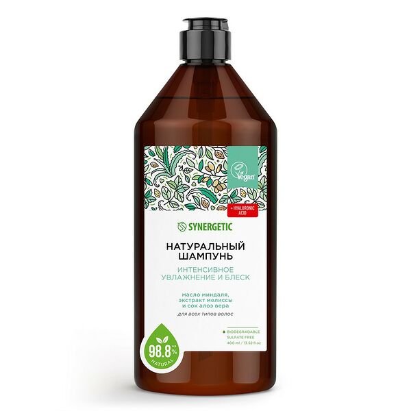 Бессульфатный шампунь Synergetic Интенсивное увлажнение и блеск, 400 мл