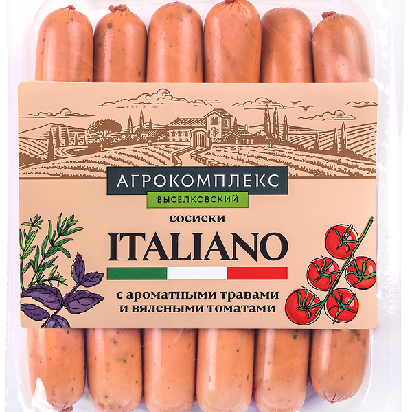 Сосиски АГРОКОМПЛЕКС Italiano с ароматными травами и вялеными томатами, 360г