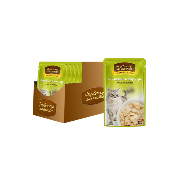 Корм для кошек ДЕРЕВЕНСКИЕ ЛАКОМСТВА Филейная курица в нежном желе пауч 70г (упаковка - 12 шт)