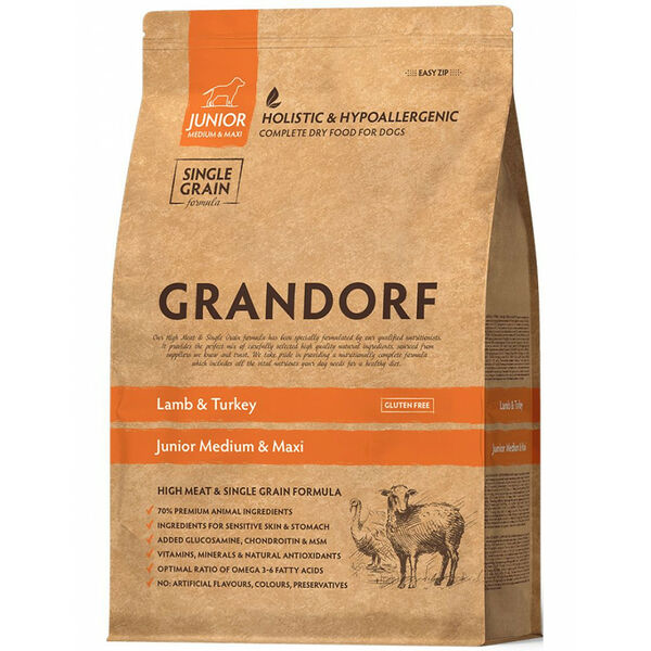 Grandorf Сухой корм для собак Grandorf Lamb and Turkey Junior Medium and Maxi ягненок с индейкой для юниоров в возрасте от 4 месяцев, беременных и кормящих сук средних и крупных пород 3 кг