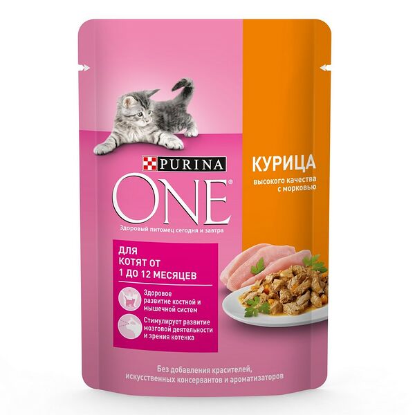 Влажный корм Purina ONE® для котят, с курицей и морковью, Пауч, 75 г