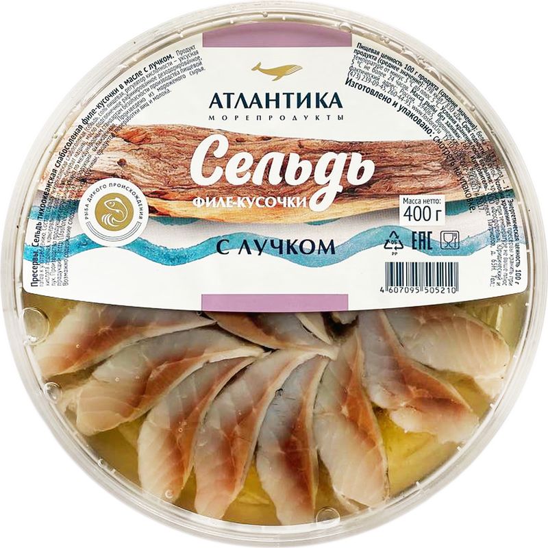 

Сельдь Атлантика с лучком слабосоленая филе-кусочки в масле 400г