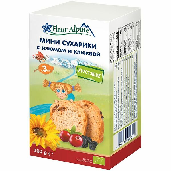 Мини-сухарики детские с изюмом и клюквой с 3 лет, Fleur Alpine БИО