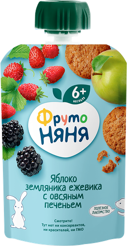 Пюре фруктово-ягодное ФрутоНяня яблоко, земляника, ежевика, овсяное печенье, с 6 месяцев 90г
