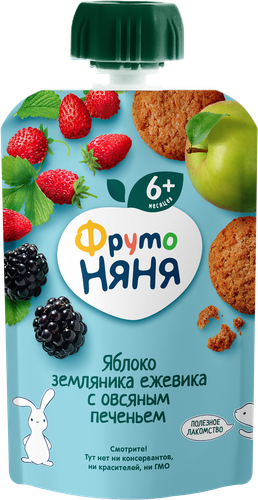 

Пюре фруктовое ФрутоНяня яблоко, земляника, ежевика, овсяное печенье, с 6 месяцев, 90 г