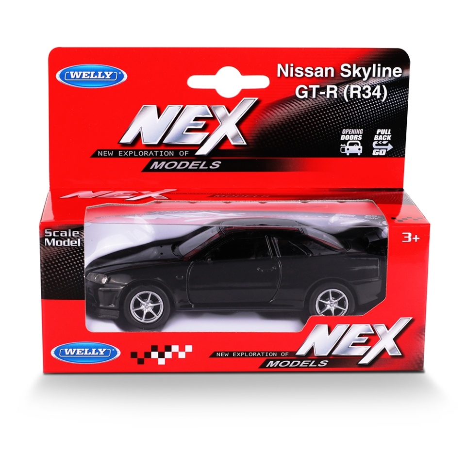 

Модель машины Nissan Skyline GT-R R34 с пружинным механизмом, цвет в ассортименте, Welly, 1:38, Китай
