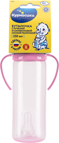 

Бутылочка для кормления КУРНОСИКИ 250мл с ручками и силиконовой молочной соской, с 6 месяцев, Арт. 11133