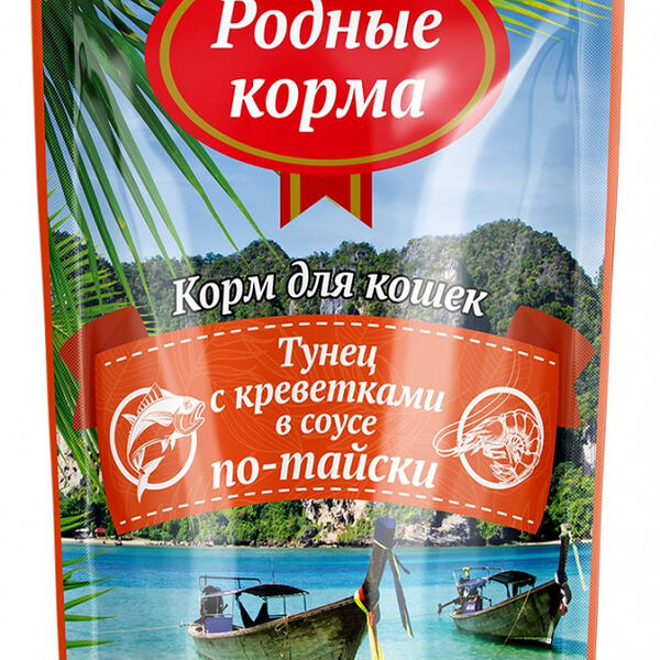 Корм влажный для кошек Родные Корма заморские тунец с креветками в соусе по-тайски, 70 г