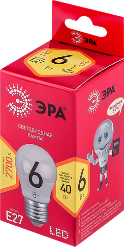 

Лампа светодиодная ЭРА Red line LED P45 Е27 6Вт шар теплый белый свет Б0049643