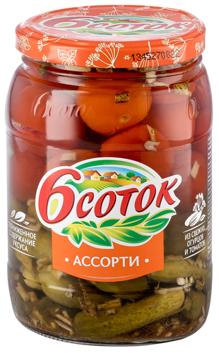 

Ассорти овощное 6 соток огурцы и томаты черри маринованные 680 г