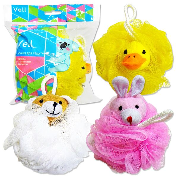 Мочалка для тела Шарик с украшением Зверушка, в ассортименте