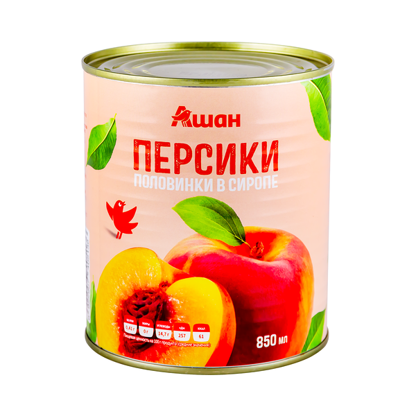 Персики АШАН Красная птица половинки в легком сиропе