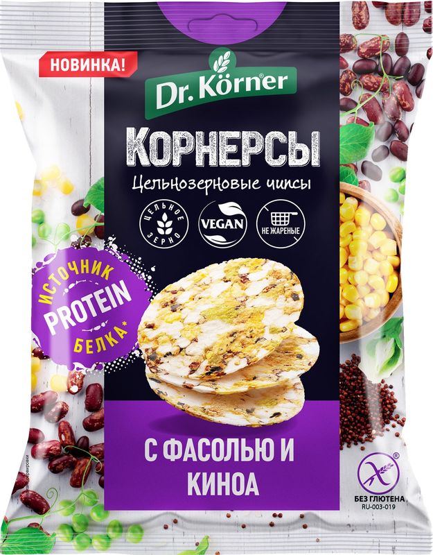 

Чипсы цельнозерновые Dr.Korner кукурузно-рисовые с горошком, фасолью и киноа 50 г