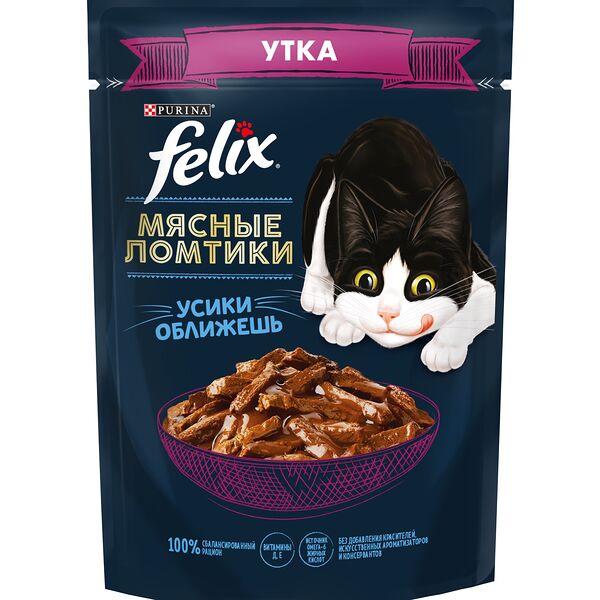 Корм влажный Felix полнорационный для взрослых кошек Мясные Ломтики, с уткой