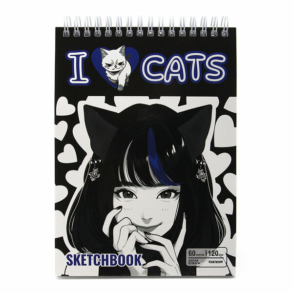 74015 Скетчбук Аниме I love cats, формат А5, 60 листов, мелованный картон, размер 201х147