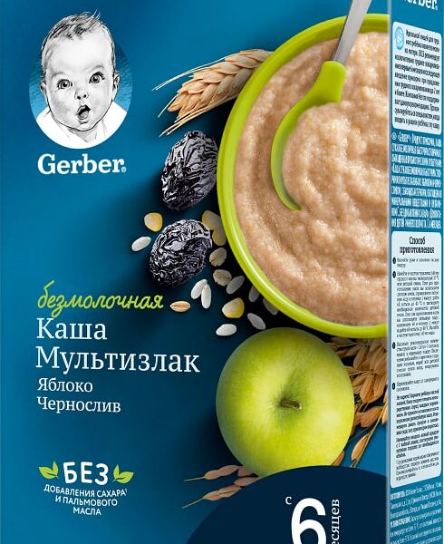 Каша Gerber Мультизлаковая с яблоком и черносливом безмолочная 180г
