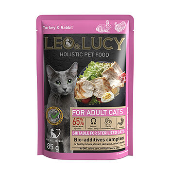 Корм влажный для кошек Leo&lucy кусочки в соусе с индейкой, кроликом и биодобавками 85г, Россия